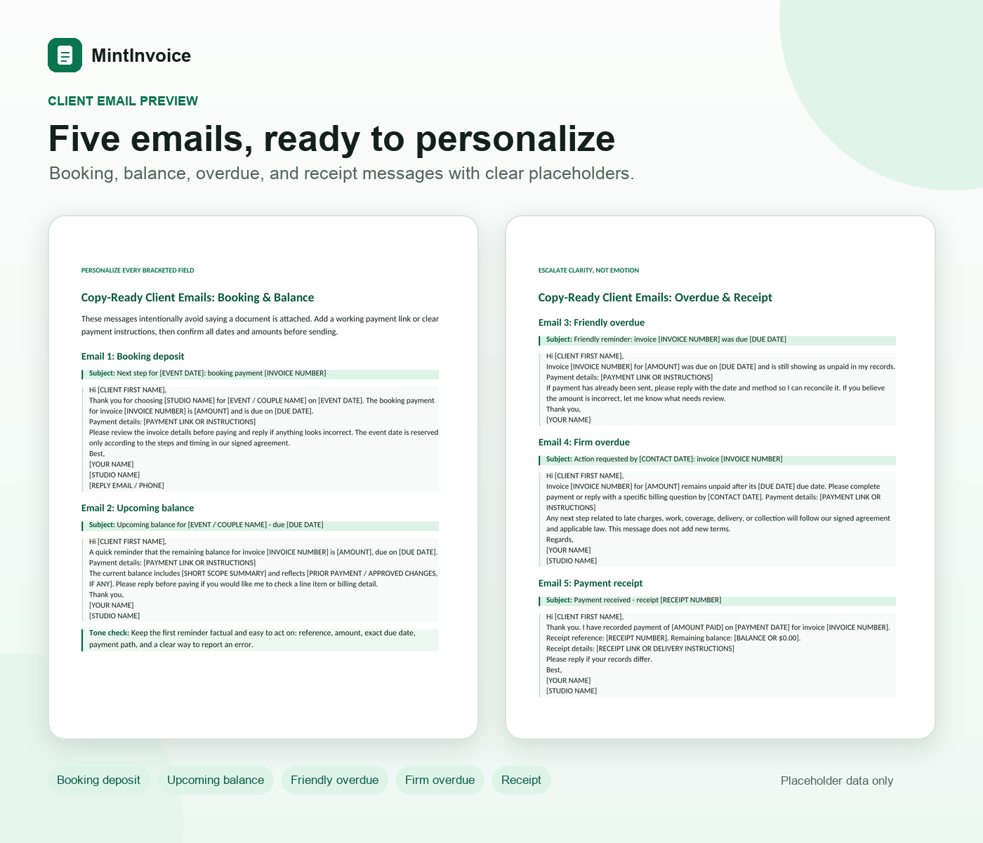 Preview of the five included client email templates for booking, balances, overdue follow-up and receipts