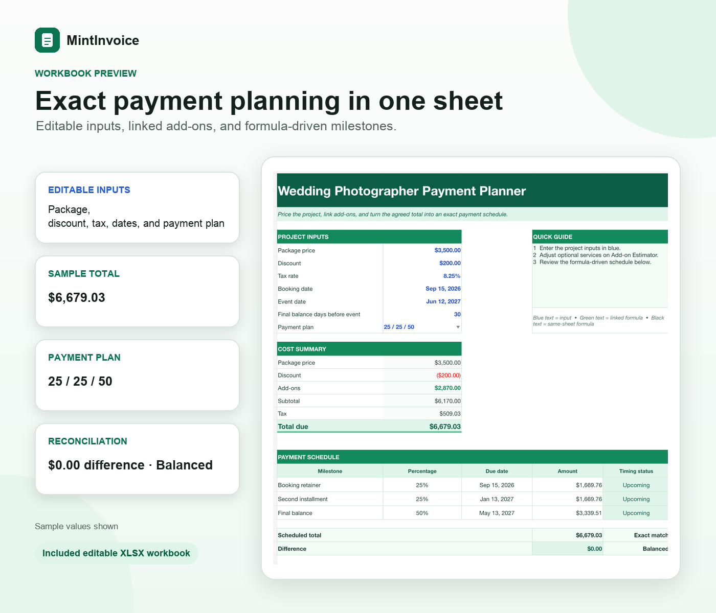 Preview of the included wedding photographer payment planner showing a balanced 25, 25 and 50 percent schedule